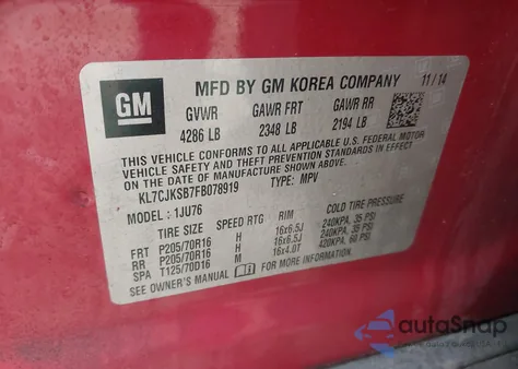 2015 Chevrolet Trax 1Ls z USA, uszkodzony, nr VIN KL7CJKSB7FB078919